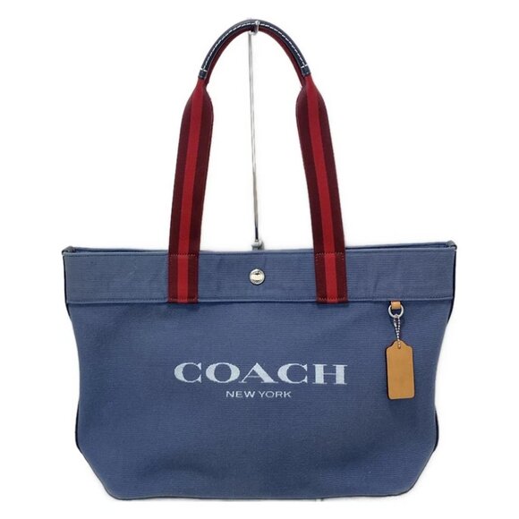Auth COACH - CJ607 Navy Red Bordeaux Canvas Leather Tote Bag - Picture 1 of 8